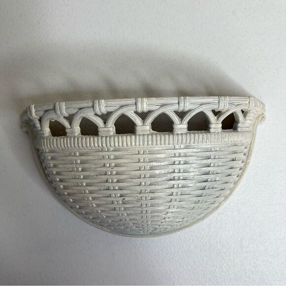 Vintage 70s Syroco Homco Faux Rattan Wall Pocket Planter Basket Cream Resin USA - Picture 4 of 12
